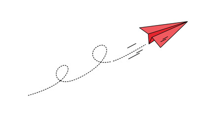 A vibrant red paper airplane embarks on a whimsical journey leaving a dotted trail in its wake creating a sense of playful adventure