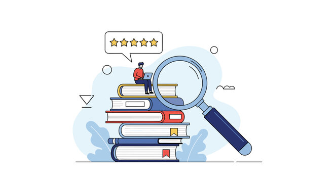 Expert book reviewer examining literature stack with magnifying glass and positive feedback