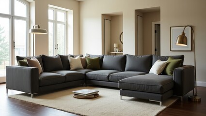 Modern gray sectional sofa in a stylish living room.