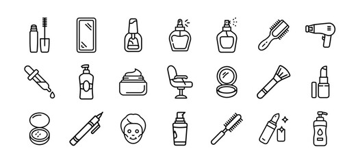 Beauty and cosmetics icon set. Vector black glyph icons of makeup brush, lipstick, perfume bottle, hairdryer, skincare, nail polish, mirror, and more.