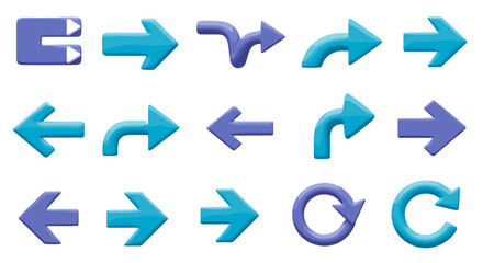 Set of Fifteen Stylized Cyan and Purple Arrows Pointing in Various Directions