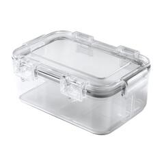 A translucent lunchbox made of polycarbonate with built-in utensil holder, isolated on transparent background.