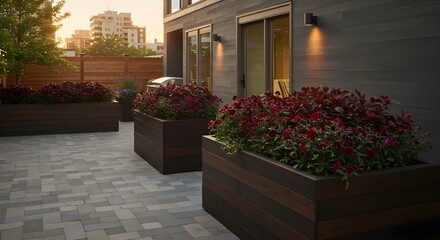 Fototapeta premium Stylish Urban Home Outdoor Space Featuring Dark Wood Planters Filled with Vibrant Burgundy Flowers, Modern Patio Design, and Inviting Ambiance for City Living Retreats