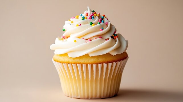 Single vanilla cupcake topped with fluffy white frosting colorful sprinkles and edible decorations set against a soft cream beige background