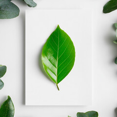 Single green leaf placed on a white card surrounded by eucalyptus leaves, minimal natural composition and eco concept