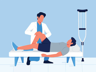 Physiotherapist examining a patient's injured knee during a rehabilitation session vector illustration