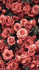 Naklejka premium Seamless pattern featuring soft peach roses symbolizing youth, femininity, and gratitude, ideal for textile design, stationery, packaging, and romantic backgrounds with gentle floral aesthetics