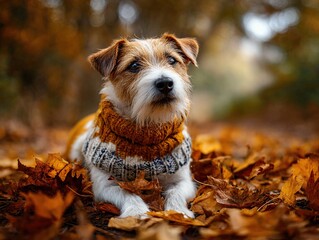 Little dog in knitted sweater lies on colorful autumn leaves in park, blurred golden foliage. Cozy, fall background