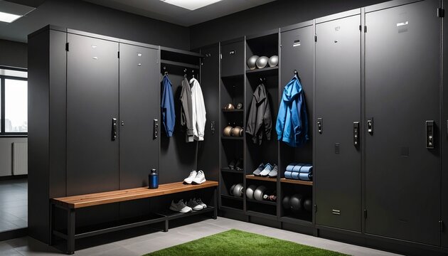 Modern gym locker room with black lockers, wooden bench, clothes, shoes, and a green carpet on the floor.
