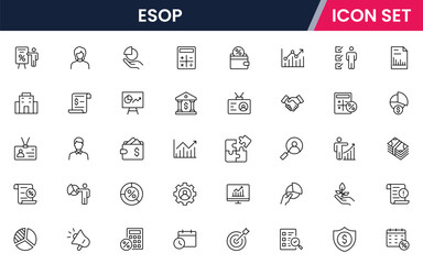 ESOP vector line icons featuring employee shares, stock options, ownership, benefits, equity, contracts, growth, incentives, and company rewards.