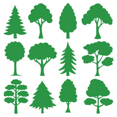 Collection of diverse green tree silhouettes perfect for nature designs and environmental projects