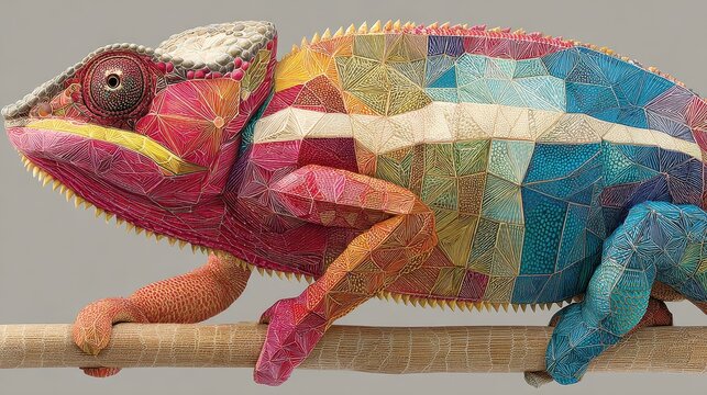 Iridescent reptile skin with pixelated color cells, adaptive camouflage prototype for military tech or biomimetic research.