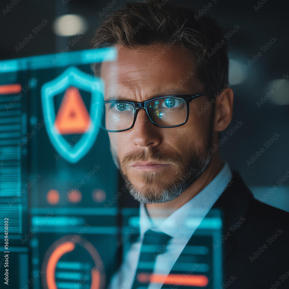 Poster focused man with glasses analyzes digital cybersecurity data on transparent screen, highlighting ale