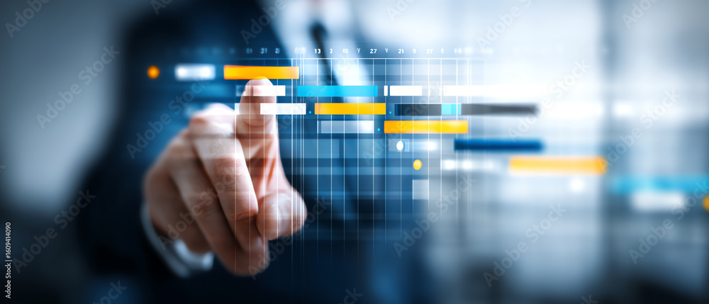 Poster a business professional interacts with a transparent digital gantt chart, managing project timelines