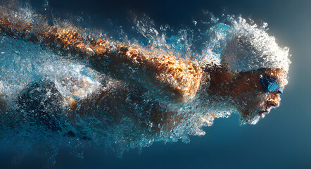 Competitive swimmer diving into the pool, showcasing powerful strokes and splashes, with a clear blue background