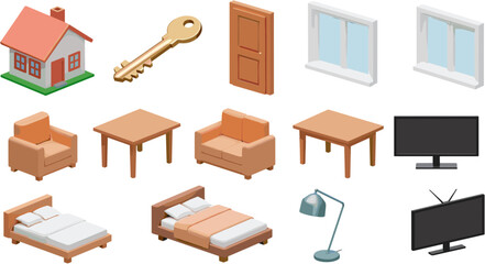 Fototapeta premium Isometric House Interior Elements: Bed, Sofa, Table, Window, TV, Door and Key.