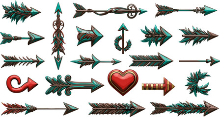 Ornate Arrow Collection: Decorative Directional Elements in Varied Styles and Colors on White
