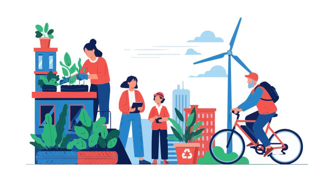 Sustentability sustainable city living urban gardening renewable energy bicycle commuting eco friendly lifestyle illustration vector