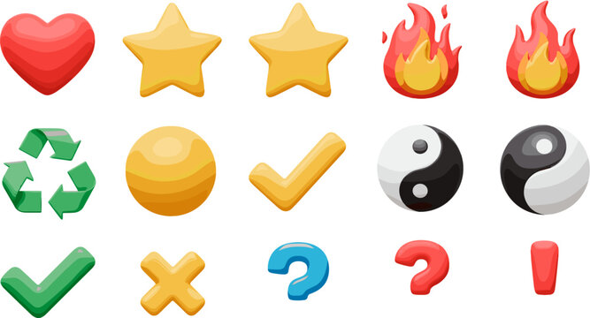 Diverse icon collection showcasing various symbols including heart, stars, recycling and classic game elements
