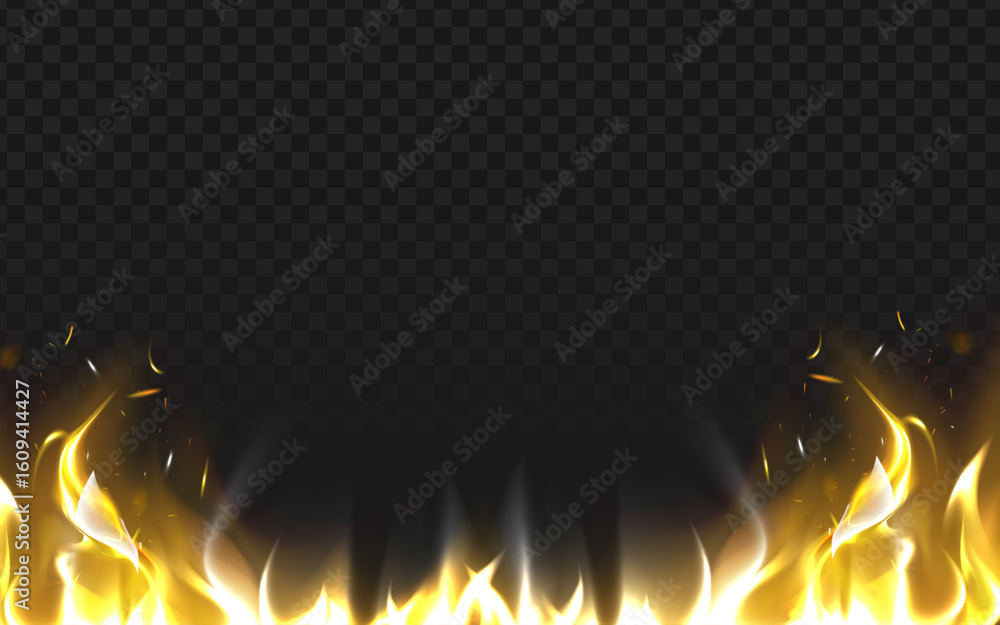 Poster realistic fiery flames and sparks at the bottom, creating a dynamic and intense border effect, ideal