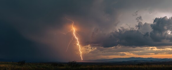 The striking lightning illuminating the dramatic stormy sky over a tranquil landscape.