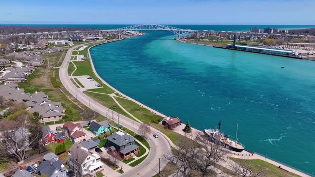 Blue Water Bridge is an international bridge across the St. Clair River links Port Huron, Michigan, USA (left) and Point Edward, Ontario, Canada (right). 