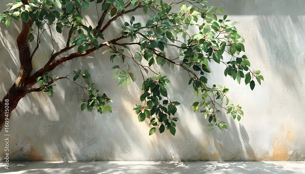 Poster lush green leaves and delicate tree branches cast intricate shadows with soft sunlight filtering thr