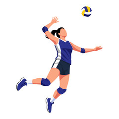 A dynamic vector of a female volleyball player captured mid-air as she jumps to spike the ball. This athletic illustration highlights power and motion, isolated on a white background.