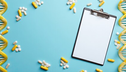 Blank clipboard surrounded by pills and DNA strands on a light-blue background