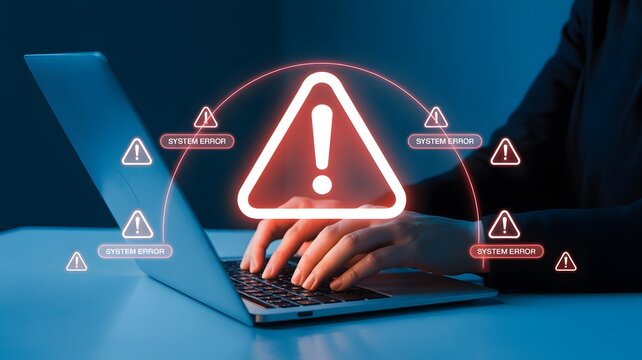 Cybersecurity alert pops up on laptop screen while user types urgently to resolve a system error