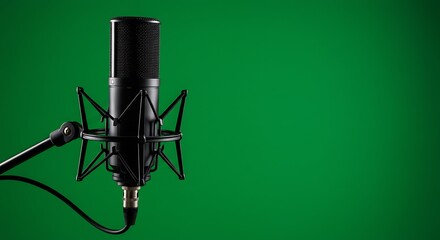 A studio microphone on a stand with a green screen background used for recording audio content
