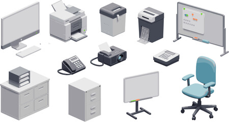 Isometric Office Equipment Set: Monitor, Printer, Shredder, Projector, Desk and Chair