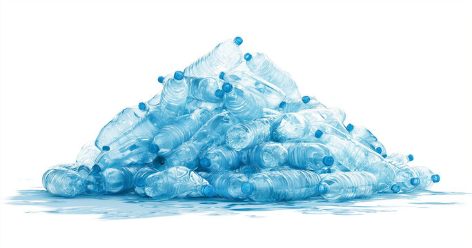 Pile of discarded plastic water bottles isolated on a white background