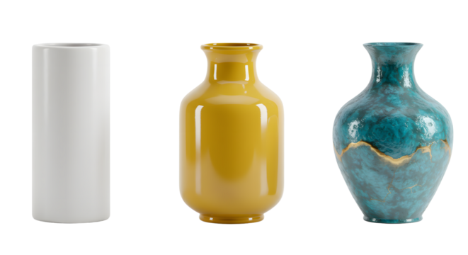 A collection of three distinct vases in varying colors and shapes, displayed against a clean background for artistic appeal