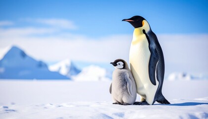 Fototapeta premium 南極のコウテイペンギンの親子のポートレート 
