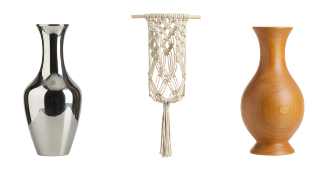 A collection of three distinct vases showcasing unique materials and designs, set against a neutral background for artistic display