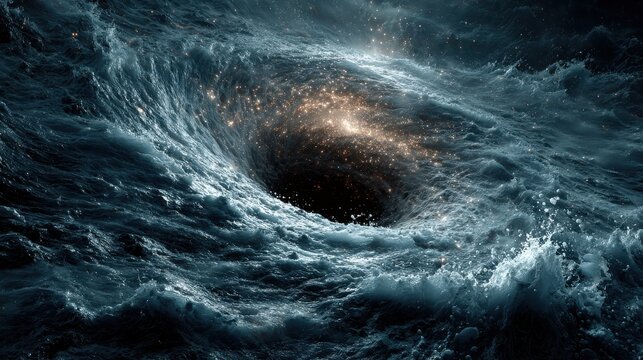 Fluid dynamics of black hole gravitational boundary, relativity visualization for scientific publications or documentaries.