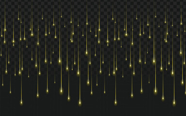 Dynamic falling golden light particles and shimmering streaks on a transparent background, ideal for elegant overlays, magical effects, and festive designs.