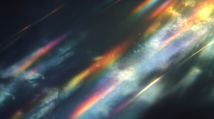 Abstract background featuring diagonal rainbow light streaks against a dark cloudy sky effect