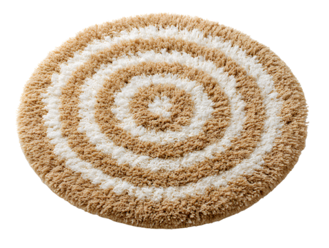Soft beige bath mat with white round pattern on a white background