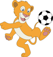 Cute cartoon baby lion kicking soccer ball, playful animal character in action pose, fun sports theme, cad drawing flat style