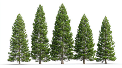 Obraz premium Five green pine trees with dense foliage arranged in a row on a white background, showcasing natural conical shapes and varying heights