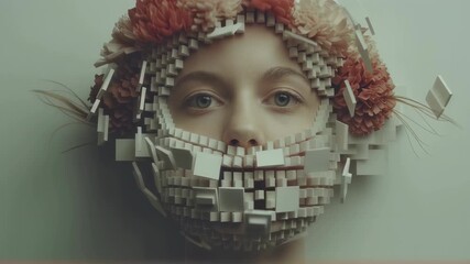 Woman's face fragmented into pixels with floral elements. Digital art concept of identity dissolution. Surreal portrait for book cover or album art. Cyberpunk aesthetic.