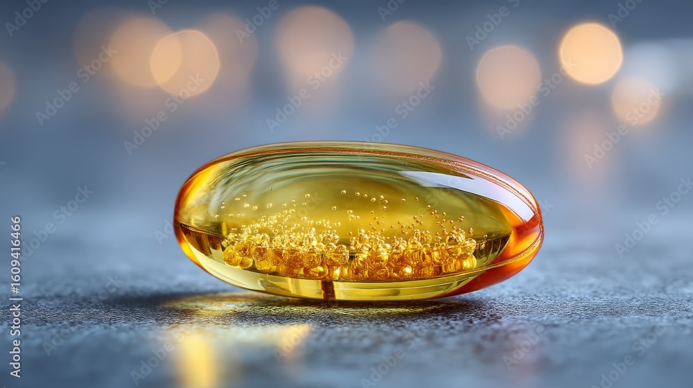 Poster a close-up of a translucent golden capsule with bubbles inside, resting on a textured surface with b