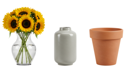 A vibrant bouquet of sunflowers in a clear vase, accompanied by a neutral ceramic vase and a terracotta pot, set against a simple backdrop