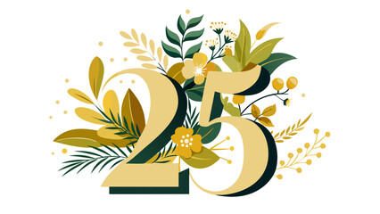 Vector art of golden number 25 adorned with lush green and yellow foliage and delicate flowers, isolated on a white background