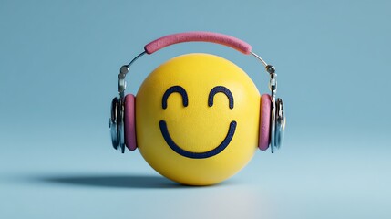 Fototapeta na wymiar Smiley emoji with headphones enjoying music cartoon expression icon for entertainment digital sticker or playlist art
