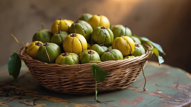 A basket filled with green and yellow garcinia cambogia fruits on a rustic wooden table surface