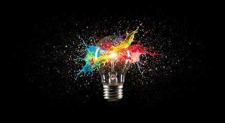 A light bulb surrounded by colorful paint splashes on a dark black studio background scene view