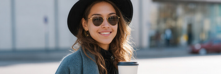 Smiling woman in sunglasses and hat holding coffee outdoors